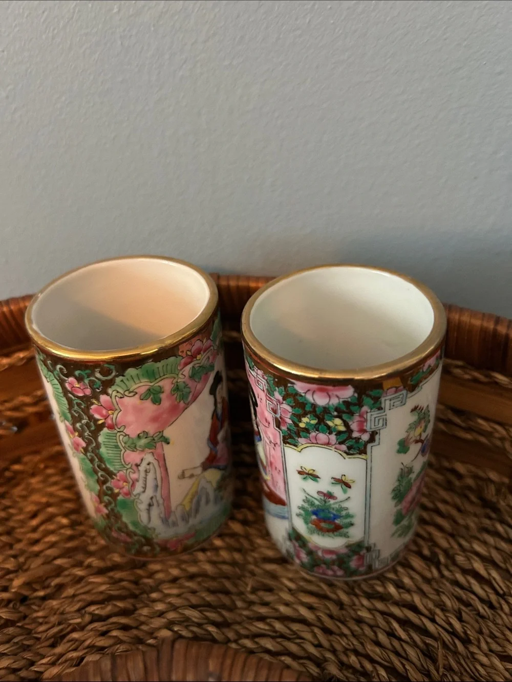 Antique  Two 3.5” famille Rose Pattern  Brush Pots Porcelain Chinese Circa 1850
